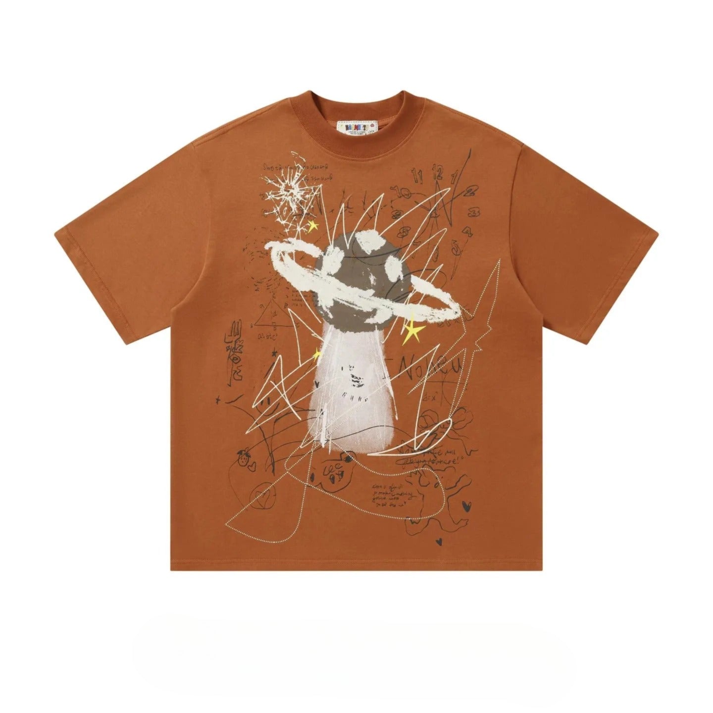 a t-shirt with a graphic design depicting a mushroom-like creature with a ring around it, surrounded by various abstract shapes and lines.