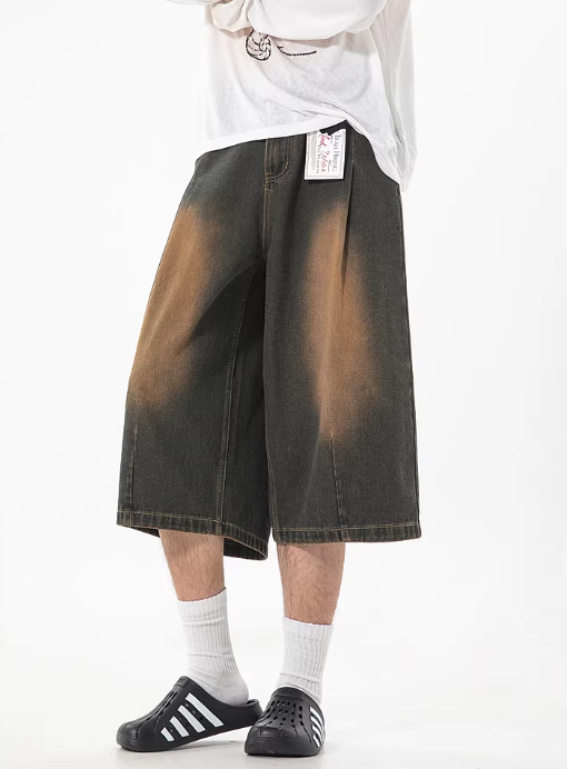 Faded Pleated Denim Shorts