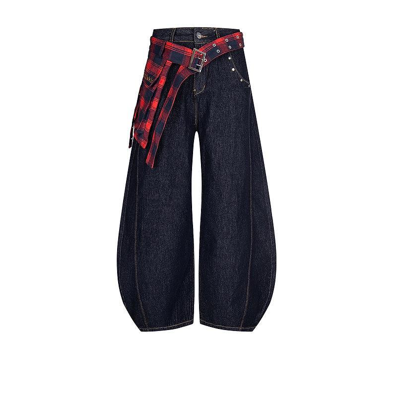 Plaid Waist Belt Layer Jeans