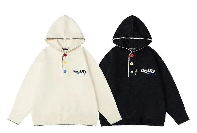 Contrast Color Button Embroidery Hoodie