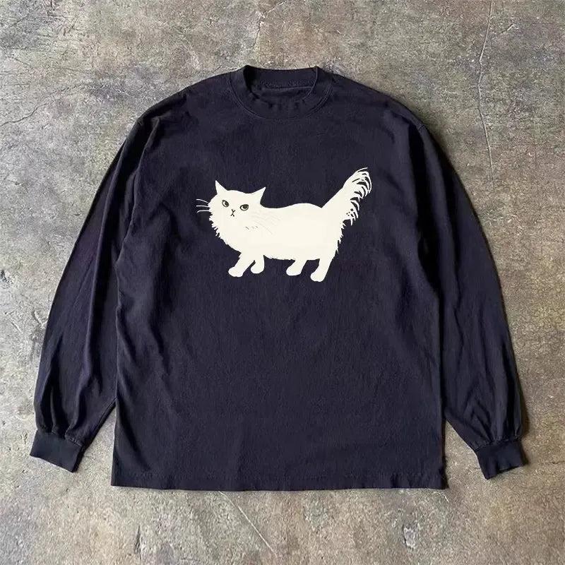 Vintage White Cat Longsleeve T-Shirt