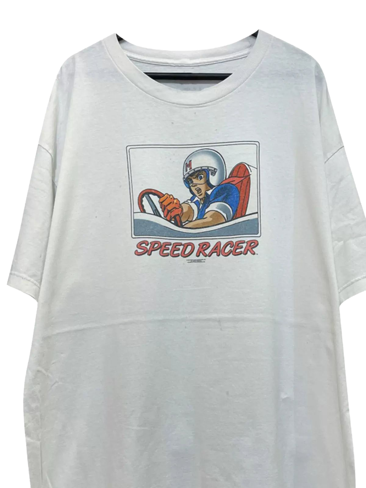 a white t - shirt with an image of a speed racer