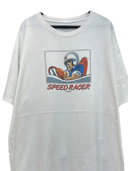 a white t - shirt with an image of a speed racer