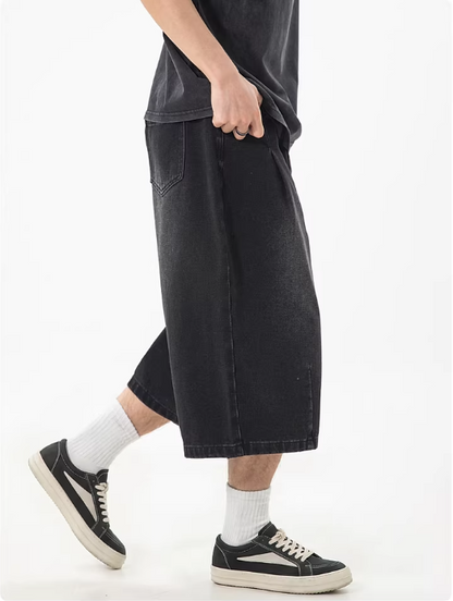Faded Pleated Denim Shorts