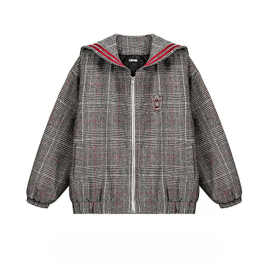 a jacket with a hood and a check pattern