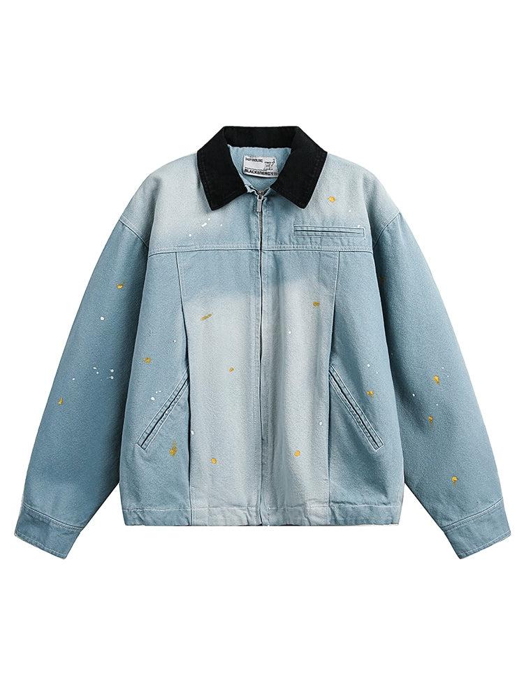 Ink-Splash Contrast Lapel Denim Jacket