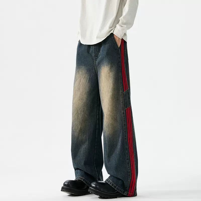 Washed Drawstring Side Striped Jeans