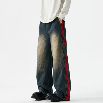 Washed Drawstring Side Striped Jeans