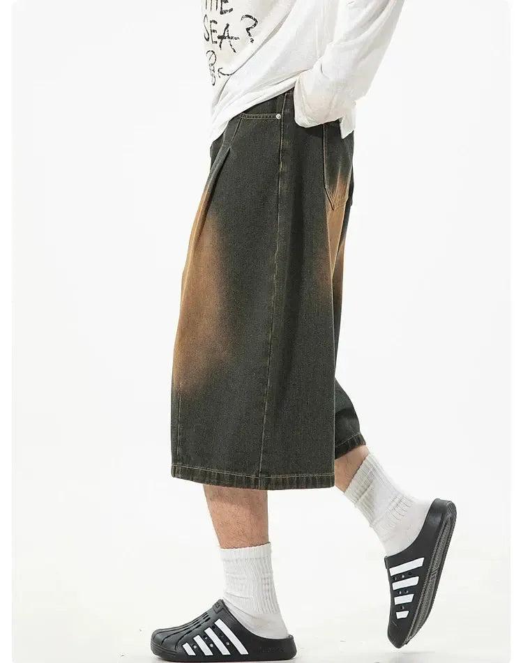 Faded Pleated Denim Shorts