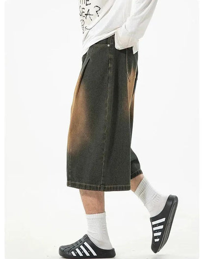 Faded Pleated Denim Shorts