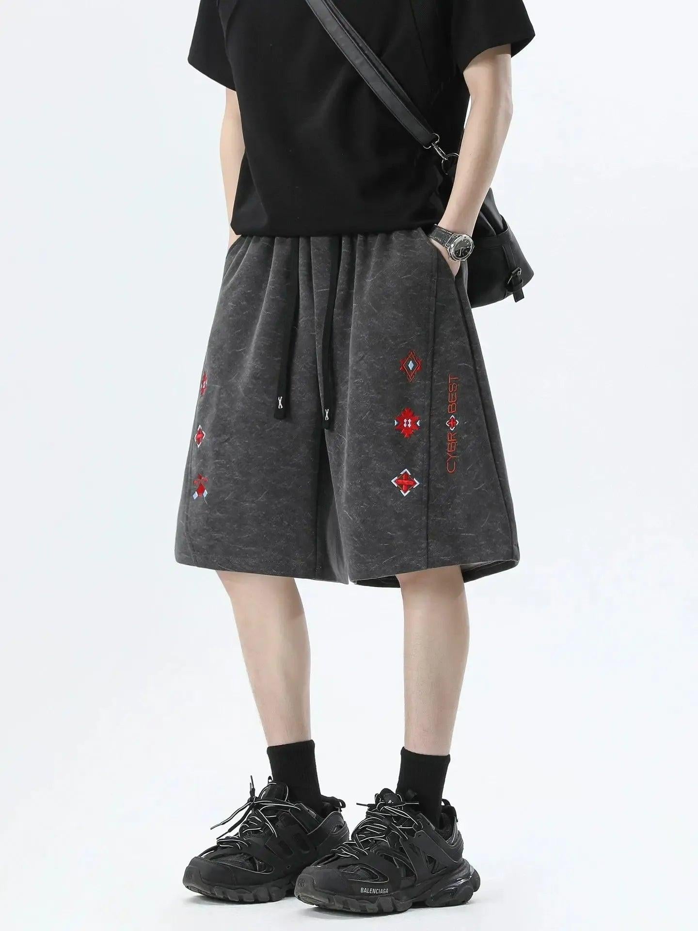 Acid Wash Embroidered Straight Shorts