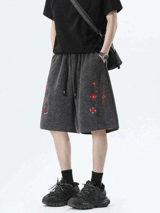 Acid Wash Embroidered Straight Shorts