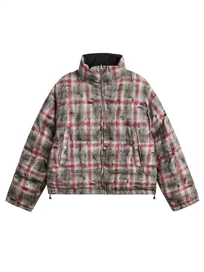 Tie-Dyed Plaid Short Puffer Jacket