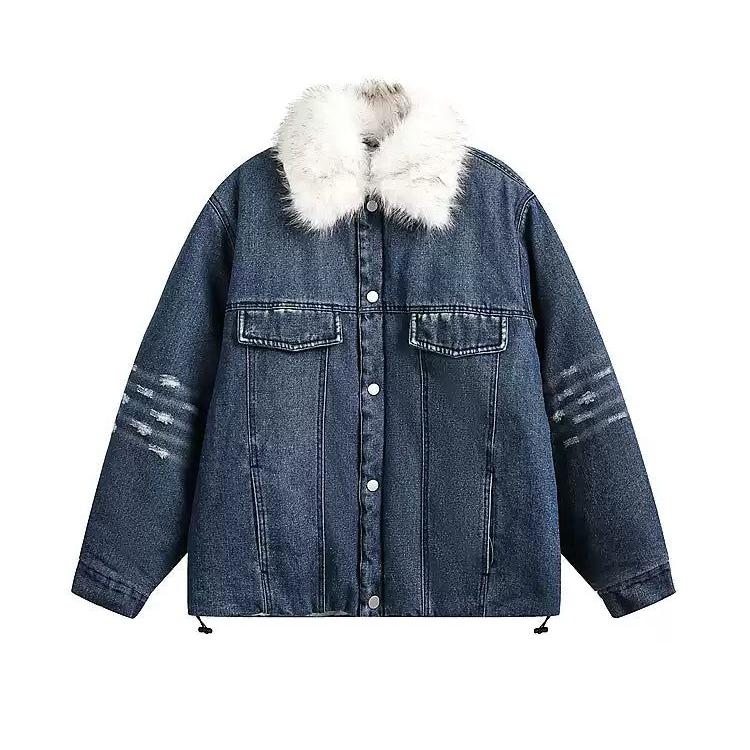 Distressed Detachable Fur Collar Denim Jacket