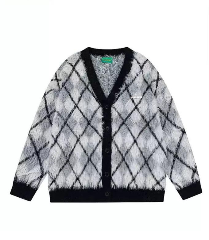 Fuzzy Rhombus Contrast Cardigan