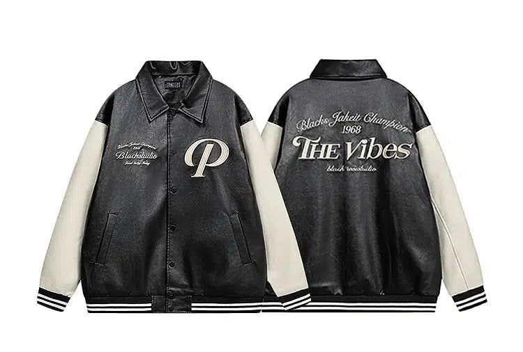 Letter Embroidery Baseball PU Leather Jacket