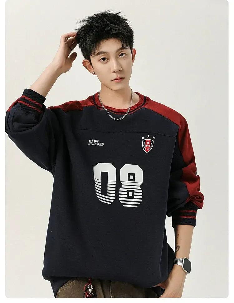 Number Print Contrast Spliced Crewneck