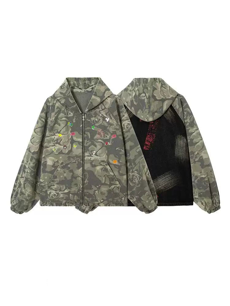 Cartoon Embroidery Camo Zip-Up Hoodie