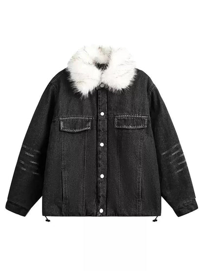 Distressed Detachable Fur Collar Denim Jacket