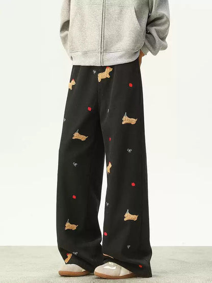 Puppy Embroidery Wide Leg Jeans