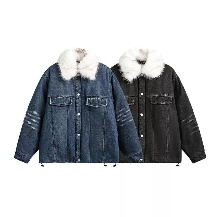 Distressed Detachable Fur Collar Denim Jacket