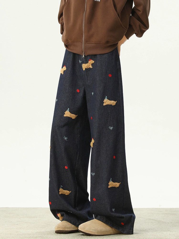 Puppy Embroidery Wide Leg Jeans