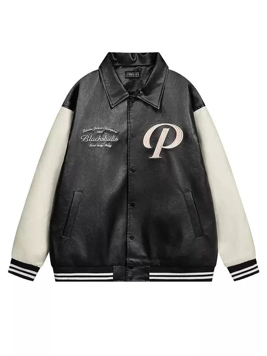 Letter Embroidery Baseball PU Leather Jacket