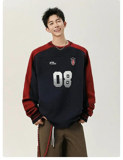 Number Print Contrast Spliced Crewneck