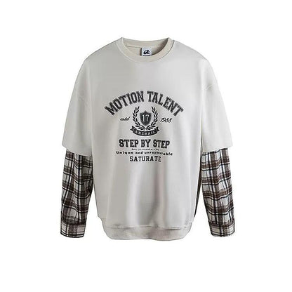 College Style Plaid Stitched Long Sleeve T-Shirt