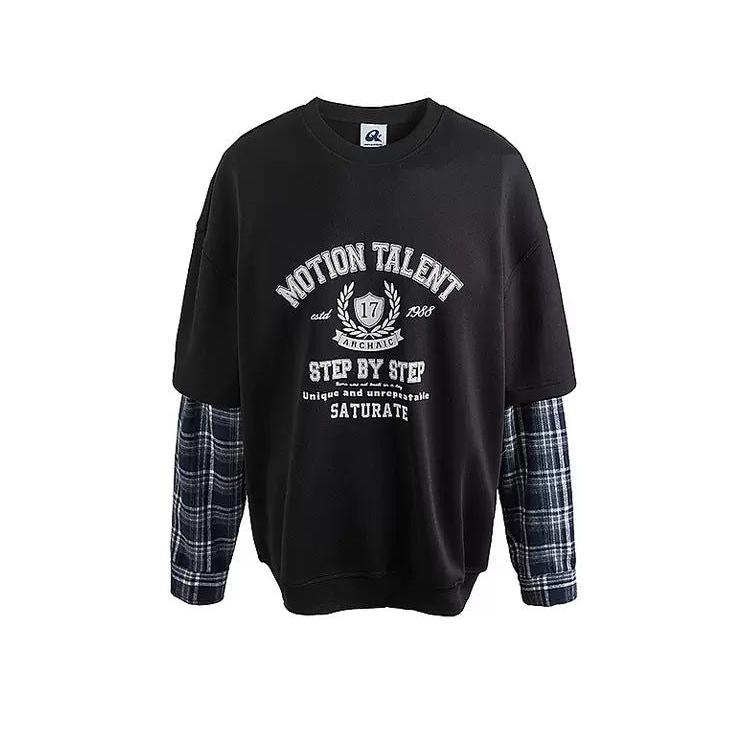 College Style Plaid Stitched Long Sleeve T-Shirt