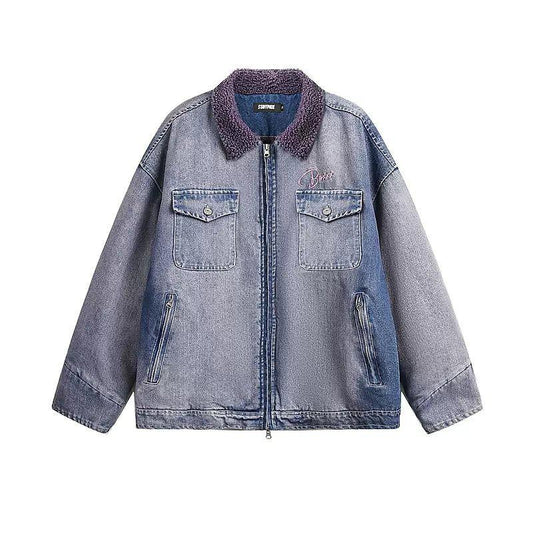 Washed Contrast Fleece Denim Jacket