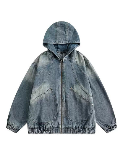 Faded Patched Detail Hooded Denim Jacket