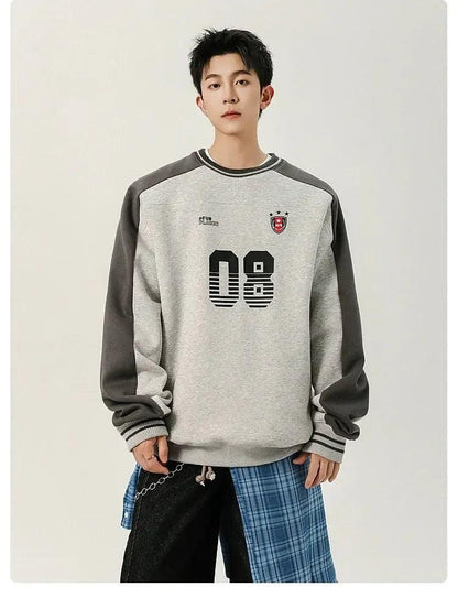 Number Print Contrast Spliced Crewneck