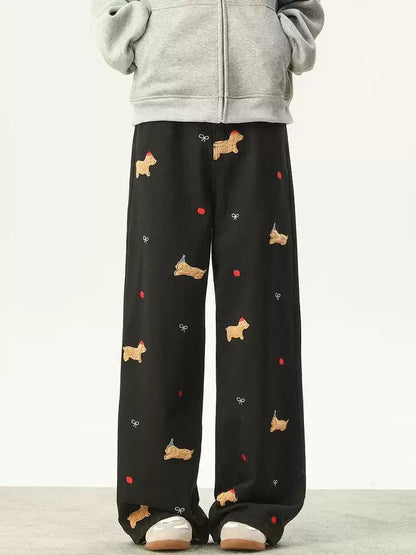 Puppy Embroidery Wide Leg Jeans