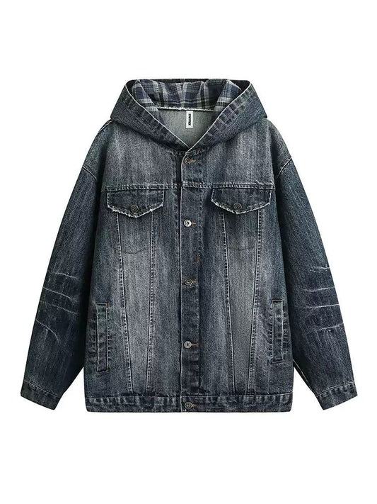 Washed Button-Front Hooded Denim Jacket