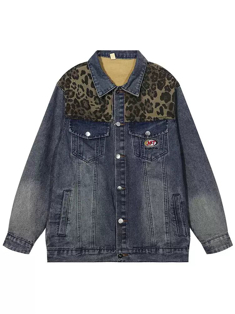 Washed Leopard Print Denim Jacket