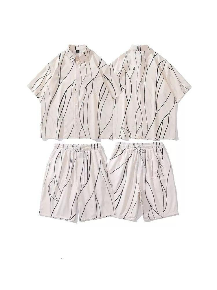 Geometric Line Print Shirt & Elastic Waist Shorts Set