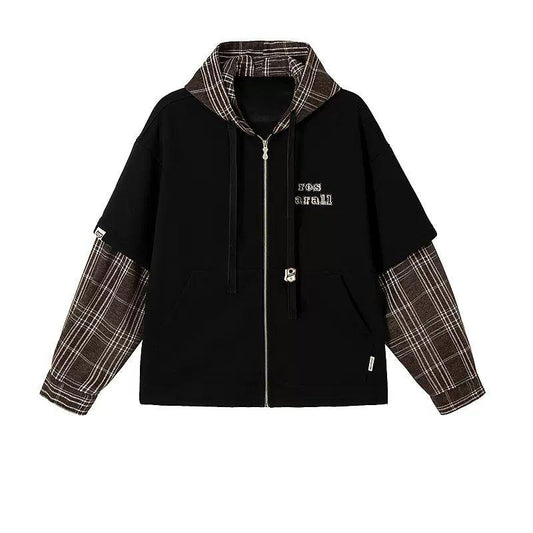 Drawstring Plaid Spliced Zip-Up Hoodie