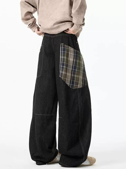 Plaid Patched Scimitar Jeans