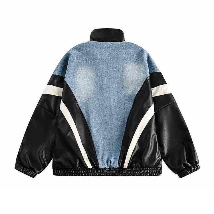 Color-Touched Stitched Denim PU Leather Jacket