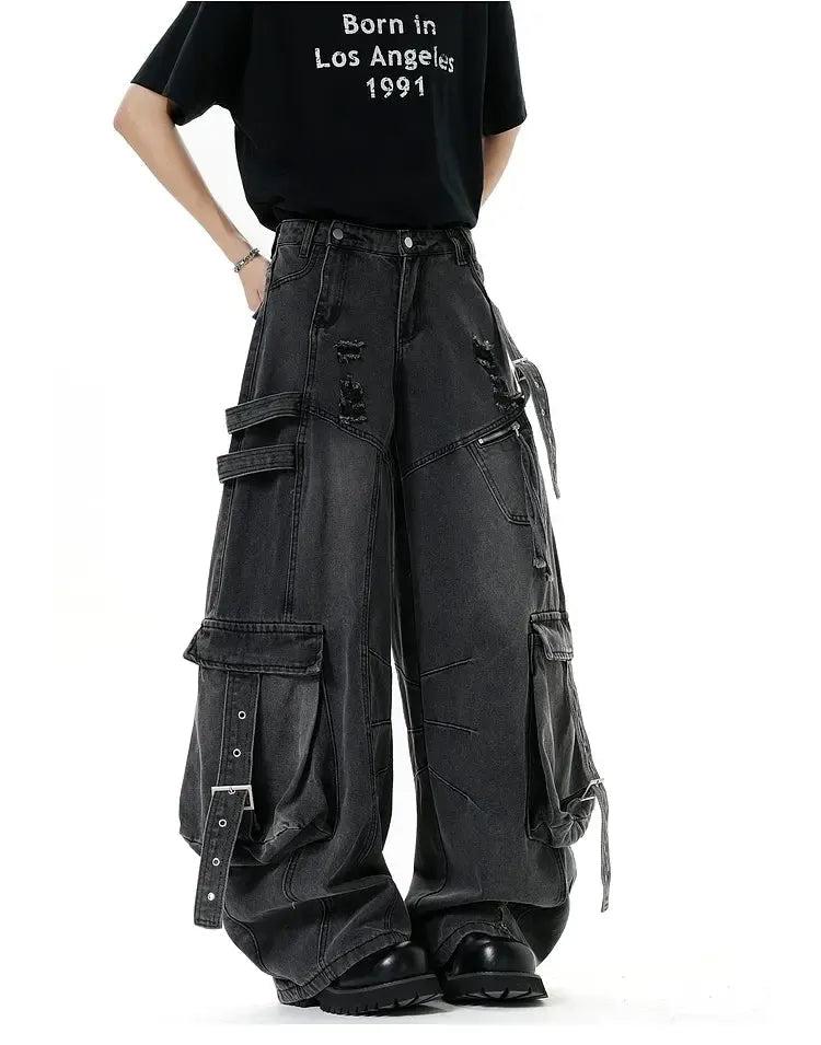 Buckled Strap Baggy Cargo Jeans