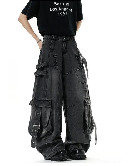 Buckled Strap Baggy Cargo Jeans