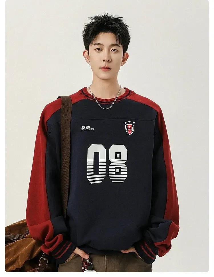 Number Print Contrast Spliced Crewneck