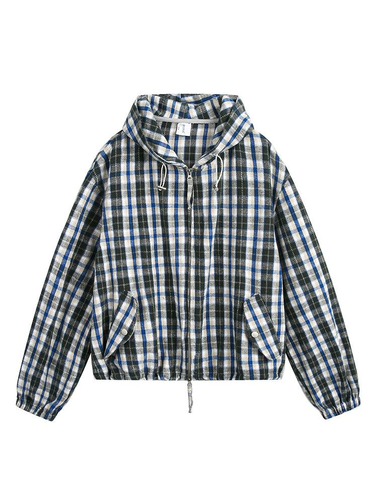 Drawcord Plaid Short Hooded Jacket