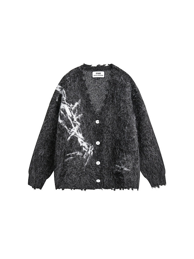 Raw-Edge Contrast Mohair V-Neck Cardigan