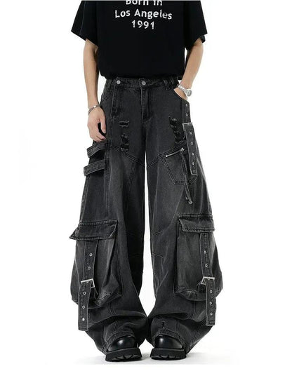 Buckled Strap Baggy Cargo Jeans