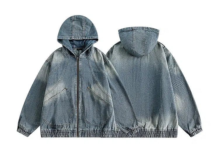 Faded Patched Detail Hooded Denim Jacket