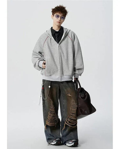 Thin Striped Casual Fit Zip-Up Hoodie