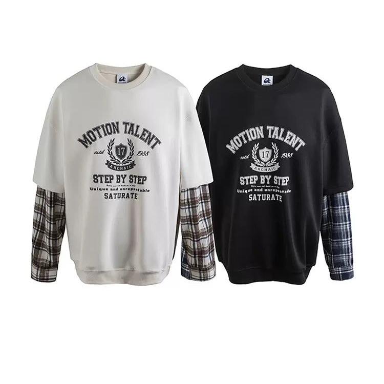 College Style Plaid Stitched Long Sleeve T-Shirt