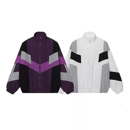 Geometric Contrast Stand Collar Windbreaker Jacket